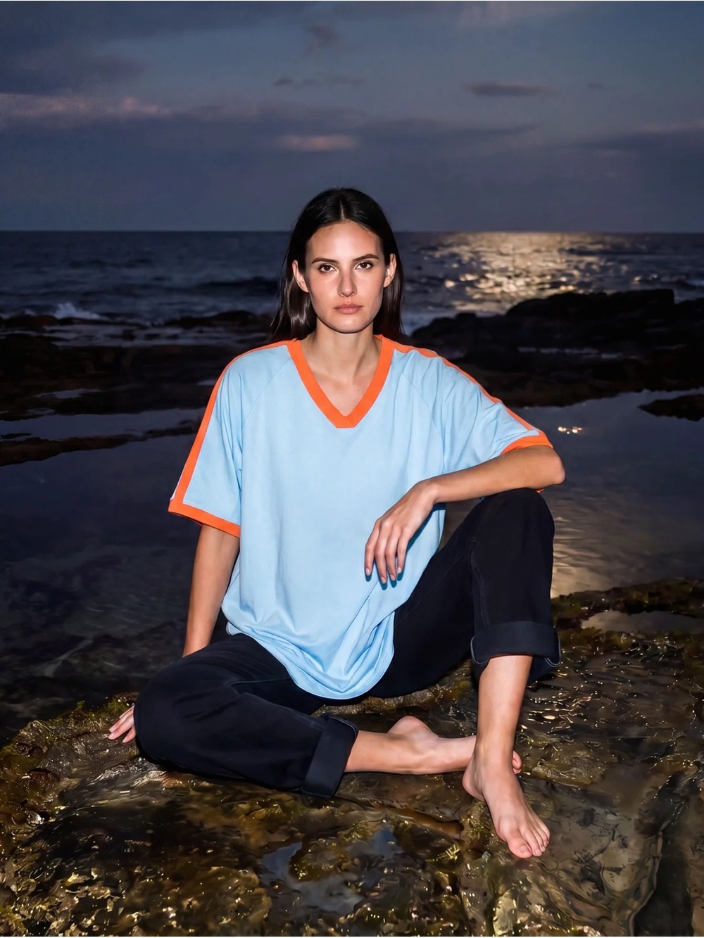 Blue V-Neck Tee with Orange Contrast Trim